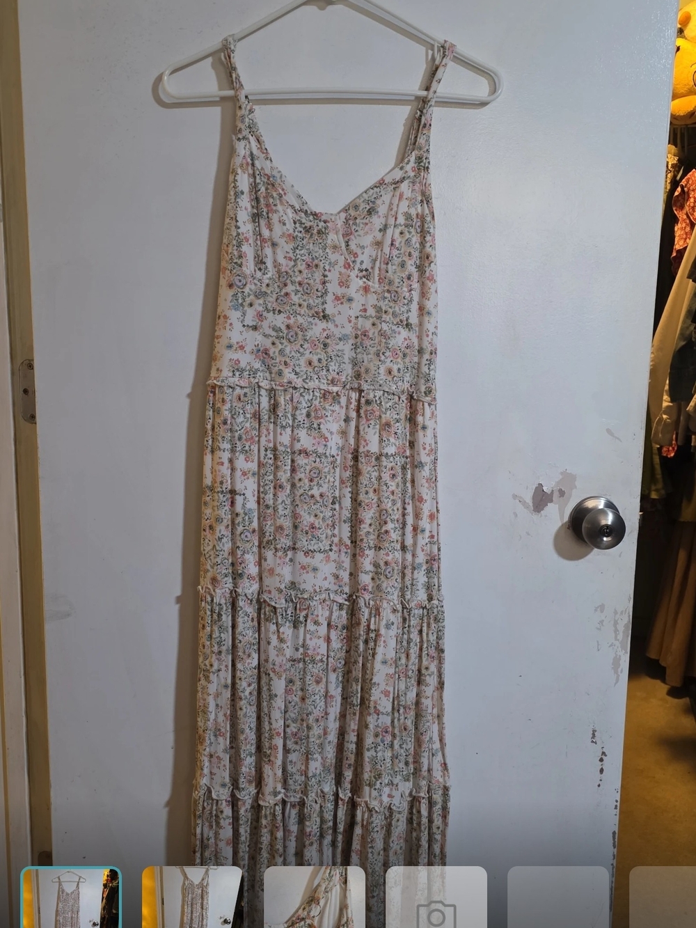 Floral Tiered Maxi Sundress — Cream with Pink & Green Floral Print
